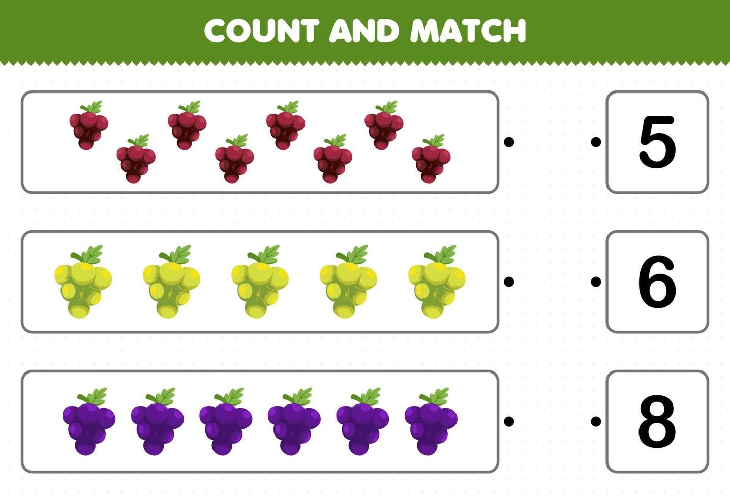 Education game for children count and match count the number of cartoon fruits grape and match with the right numbers printable worksheet vector