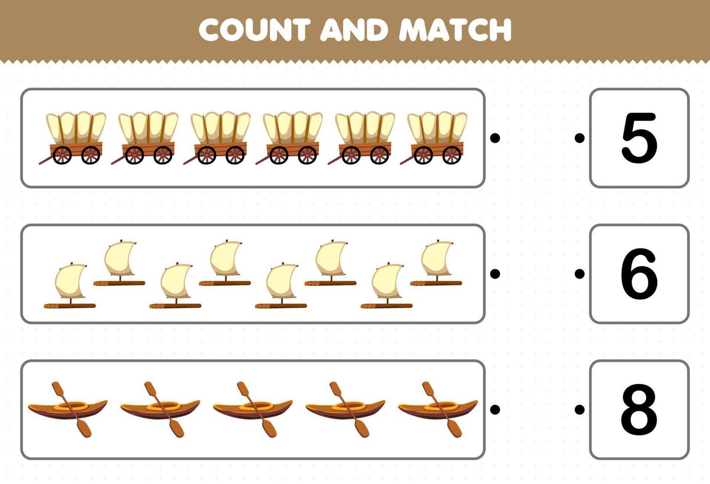 Education game for children count and match count the number of cartoon manual transportation wagon raft kayak and match with the right numbers printable worksheet vector