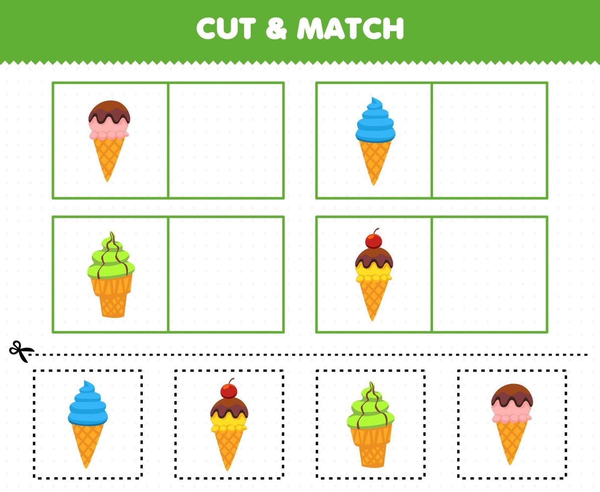 Education game for children cut and match the same picture of cartoon food ice cream printable worksheet vector