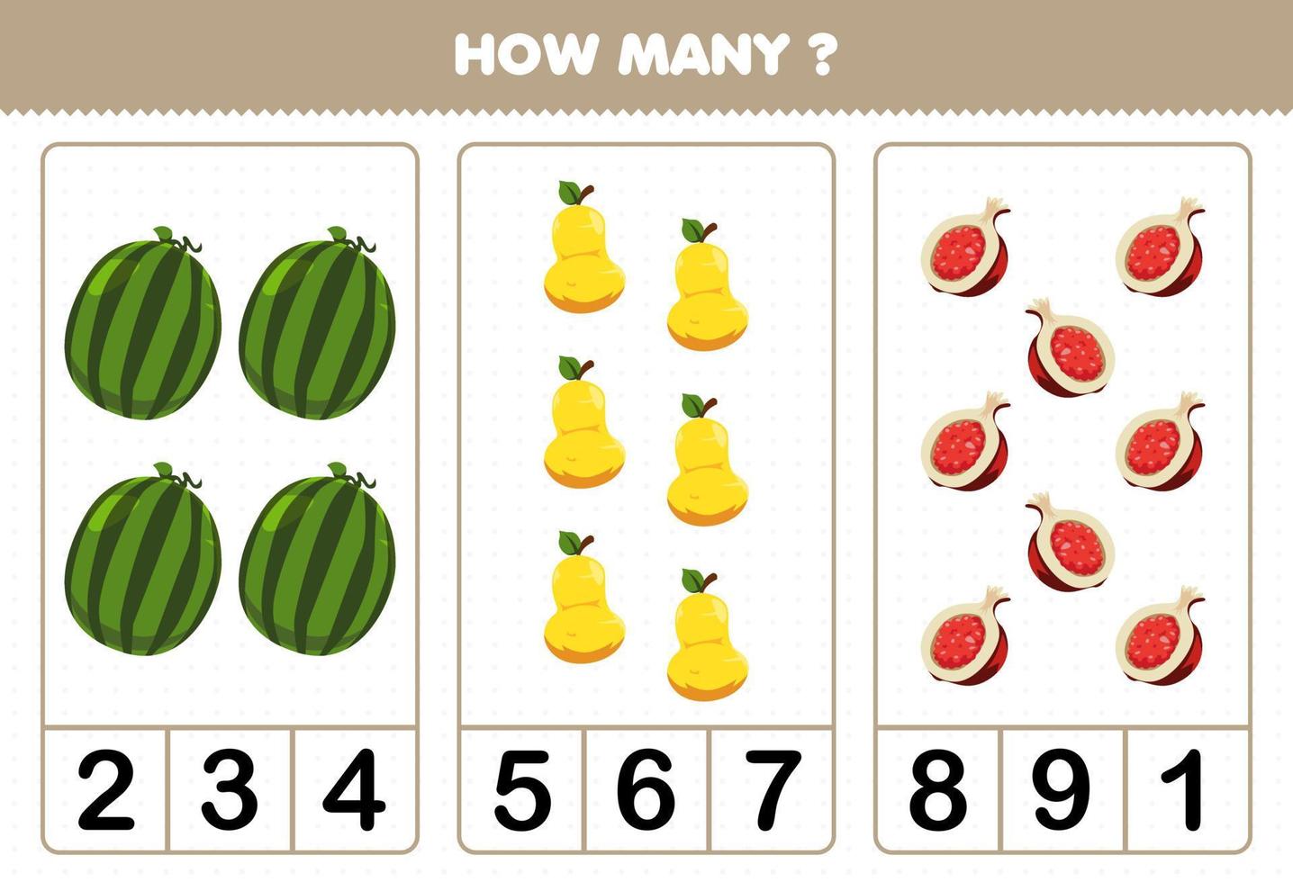Education game for children counting how many cartoon fruits watermelon pear pomegranate vector