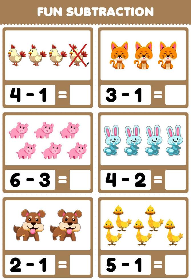 Education game for children fun subtraction by counting and eliminating cute cartoon farm animal pictures vector