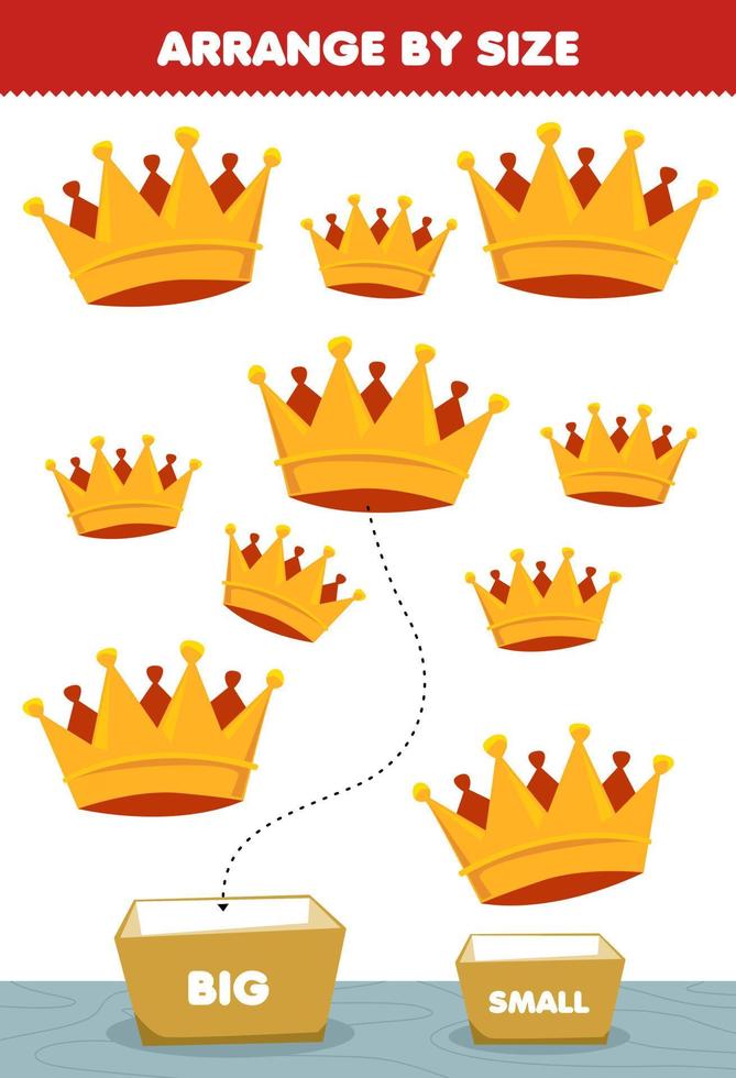 Education game for children arrange by size big or small put it in the box cartoon wearable clothes crown pictures vector