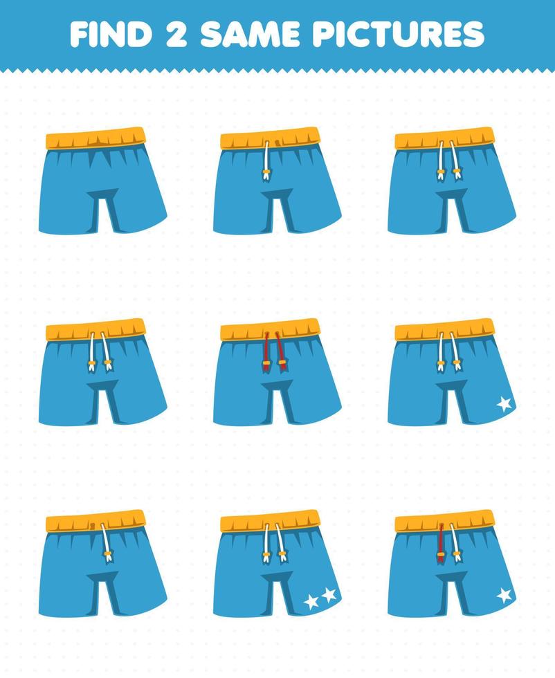 juego educativo para niños encontrar dos imágenes iguales dibujos animados ropa usable pantalón azul vector