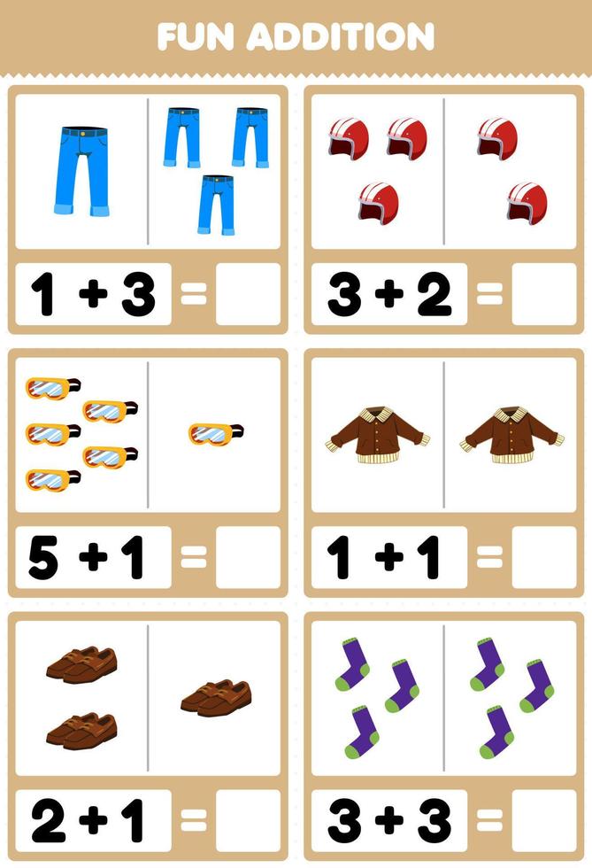 juego educativo para niños suma divertida contando y sumando ropa ponible de dibujos animados jean helm gafas chaqueta zapatos calcetines imágenes hoja de trabajo vector