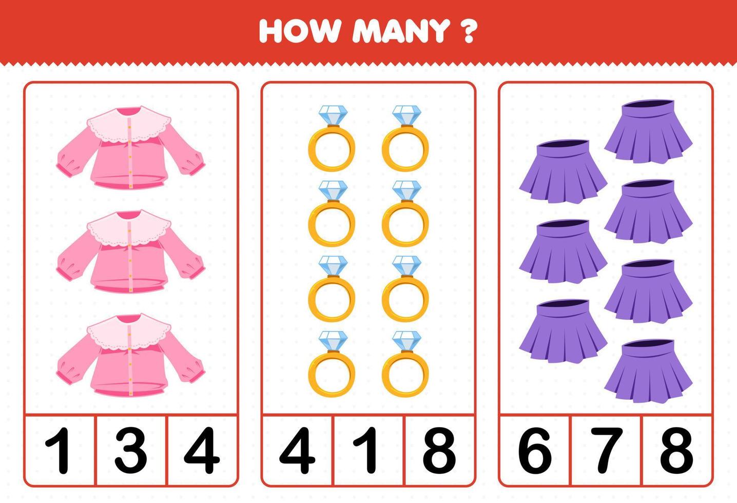 juego educativo para niños contando cuántas prendas de vestir de dibujos  animados blusa anillo falda 9971472 Vector en Vecteezy