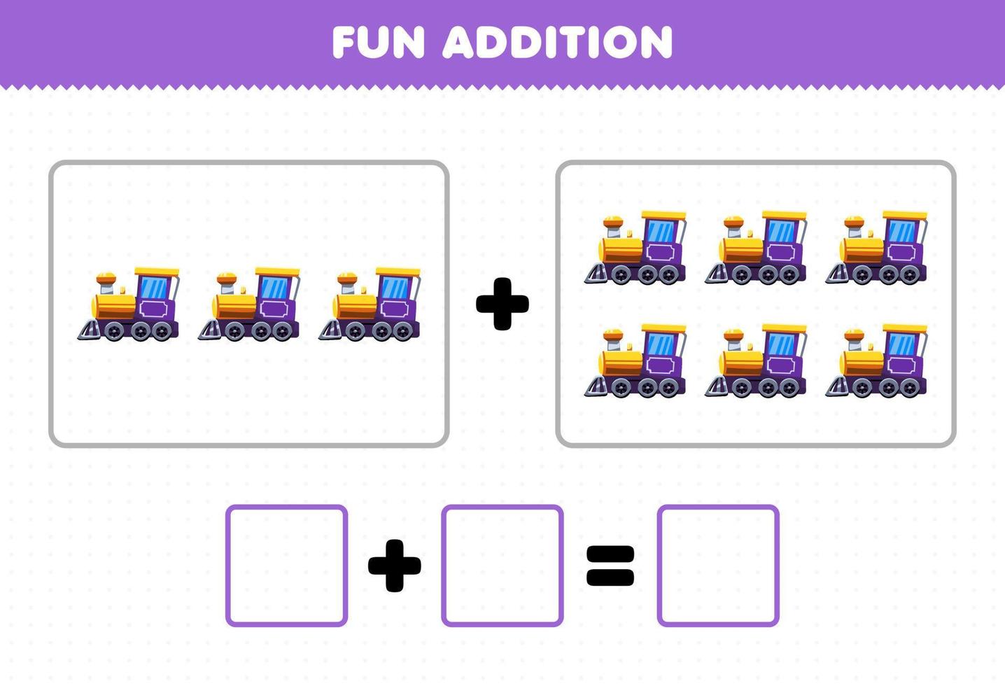 Education game for children fun addition by counting cartoon transportation train locomotive pictures worksheet vector