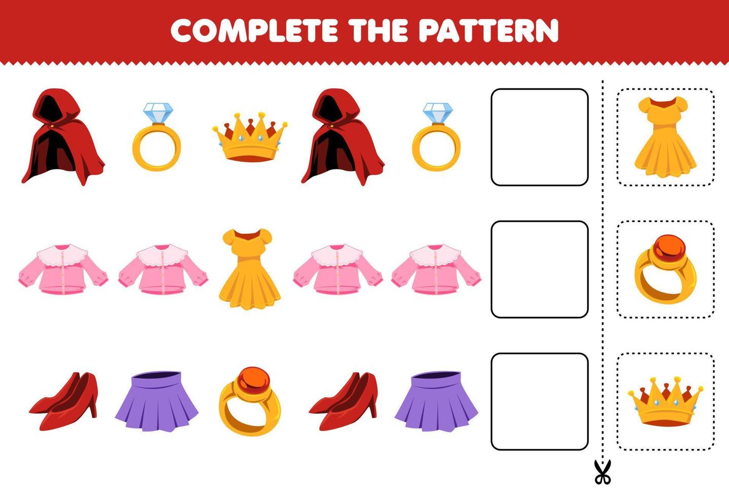 juego educativo para niños completar el patrón pensamiento lógico encontrar la regularidad y continuar la tarea de la fila con dibujos animados ropa ponible capa anillo corona blusa vestido talón falda vector