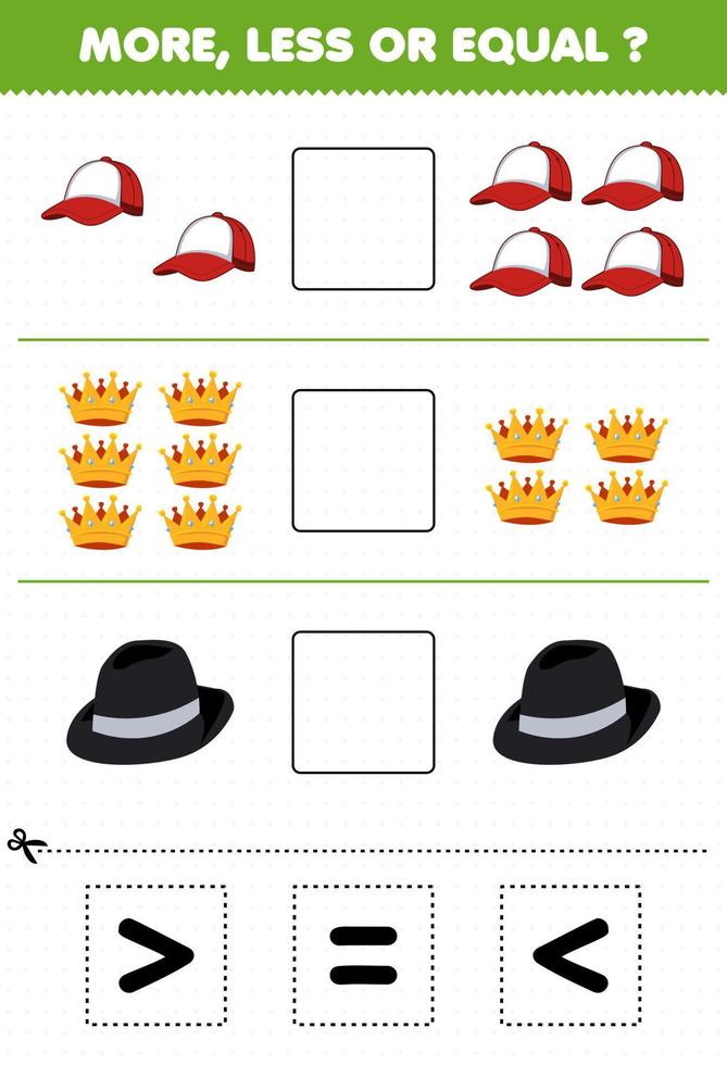 juego educativo para niños más menos o igual cuente la cantidad de dibujos animados ropa ponible gorra corona sombrero fedora luego corte y pegue corte el signo correcto vector