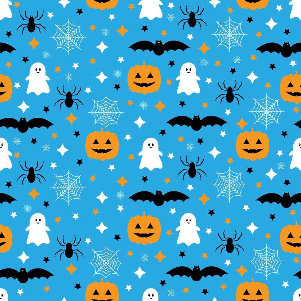 Seamless pattern with pumpkins, bats, spider, ghost. Halloween background. Vector illustration.