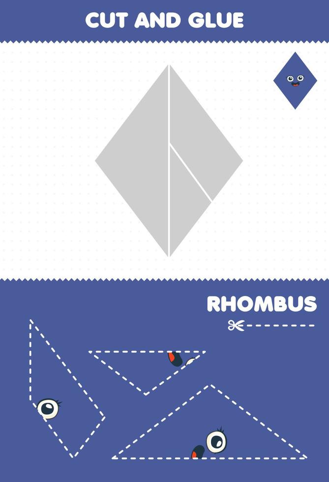 Education game for children cut and glue puzzle cut parts of cute cartoon geometric shape rhombus and glue them printable worksheet vector