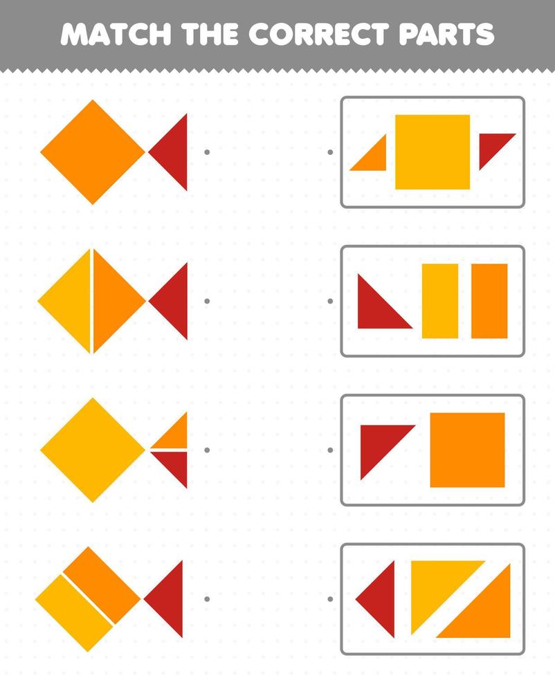 Education game for children match the correct parts geometric shapes 8 square triangle rectangle printable worksheet vector