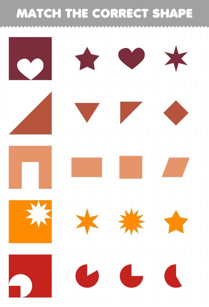 Education game for children match the correct shape geometric printable worksheet vector