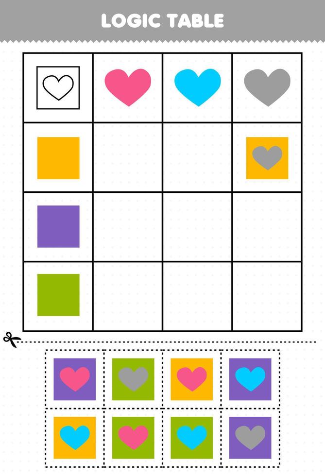 juego educativo para niños tabla lógica forma geométrica corazón y cuadrado hoja de trabajo imprimible vector