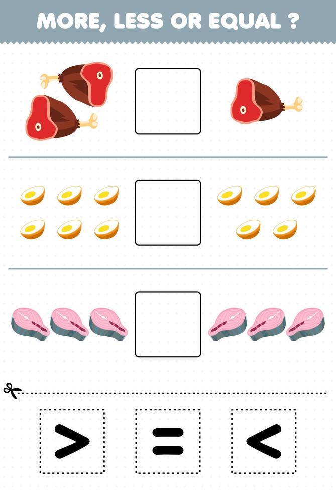 Education game for children more less or equal count the amount of cartoon raw food beef egg salmon then cut and glue cut the correct sign vector