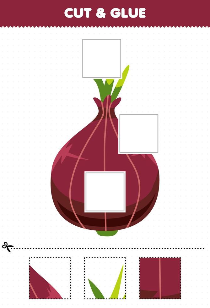 Education game for children cut and glue cut parts of cartoon vegetable shallot and glue them printable worksheet vector