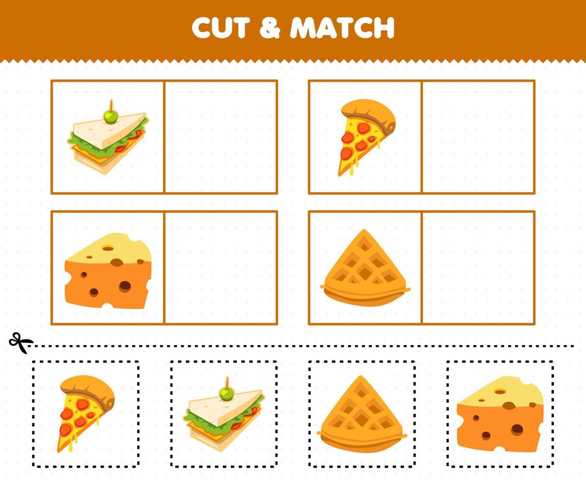 juego educativo para niños corta y combina la misma imagen de comida de dibujos animados sándwich pizza queso waffle hoja de trabajo imprimible vector