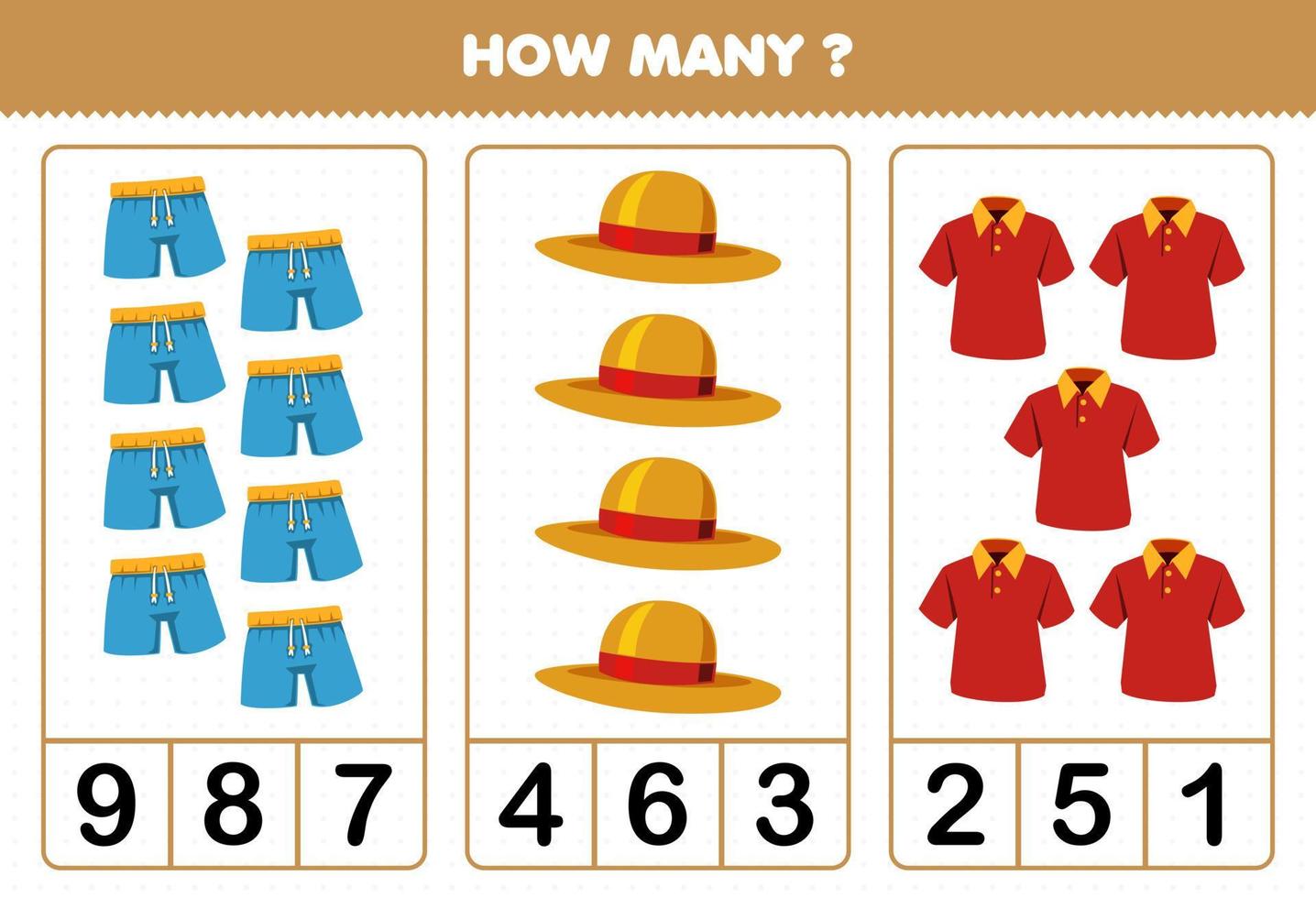 Education game for children counting how many cartoon wearable clothes pant hat polo shirt vector