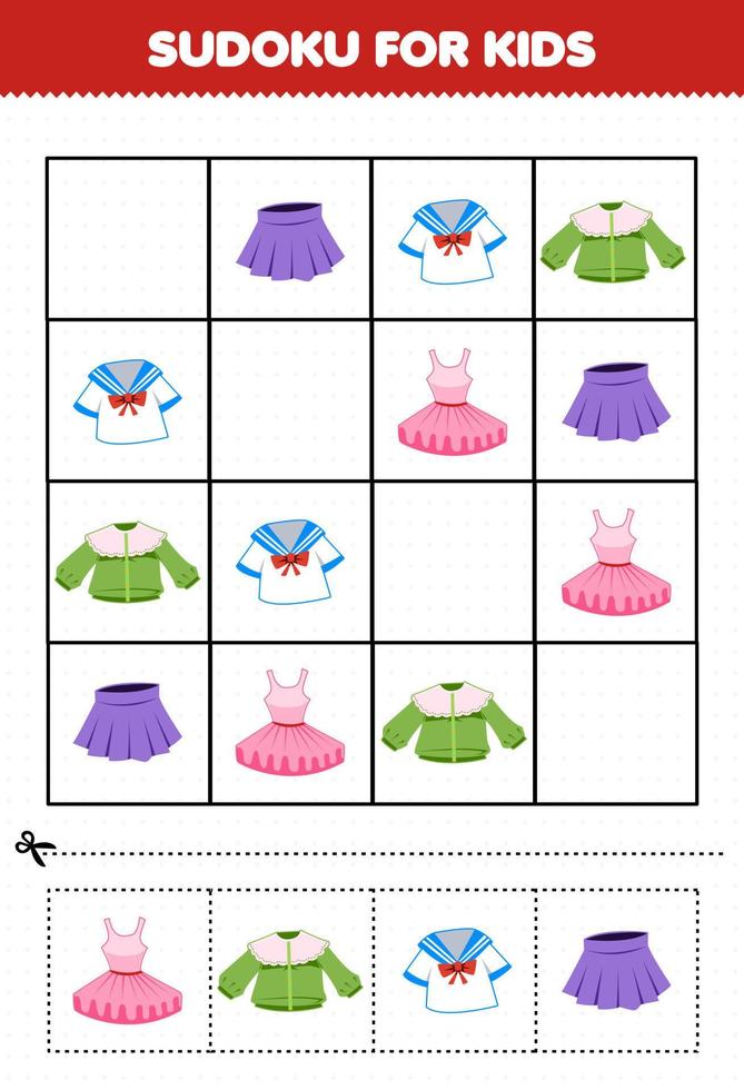 Education game for children sudoku for kids with cartoon wearable clothes skirt uniform blouse tutu picture vector