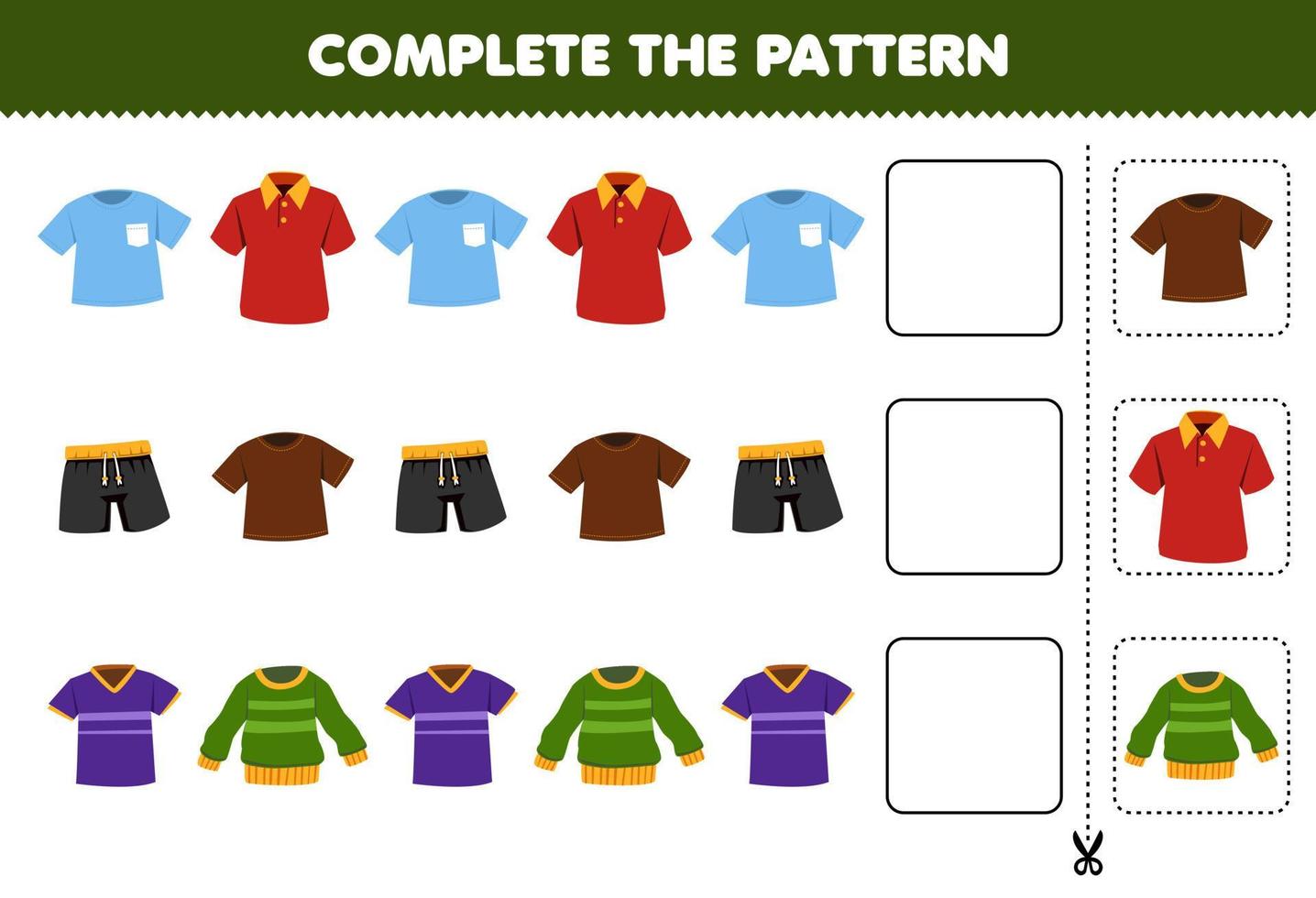 Education game for children complete the pattern logical thinking find the regularity and continue the row task with cartoon wearable clothes t shirt pant jersey polo shirt sweater vector
