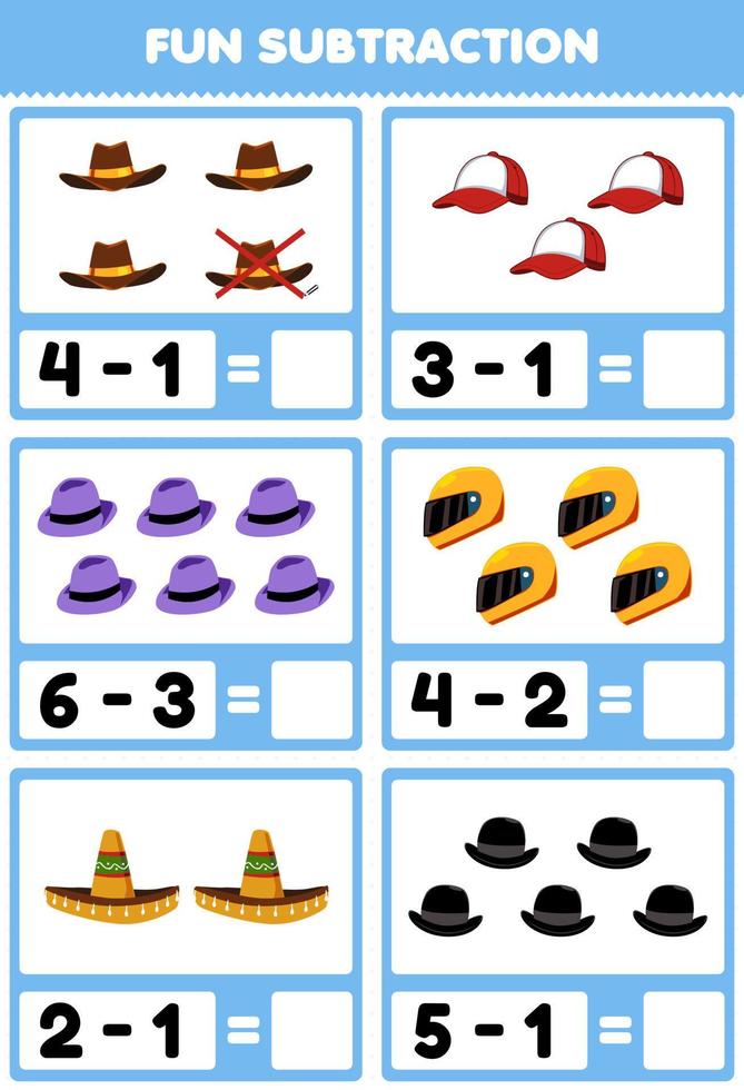 juego educativo para niños resta divertida contando y eliminando dibujos animados ropa ponible sombrero de vaquero gorra fedora timón sombrero hoja de trabajo imprimible vector