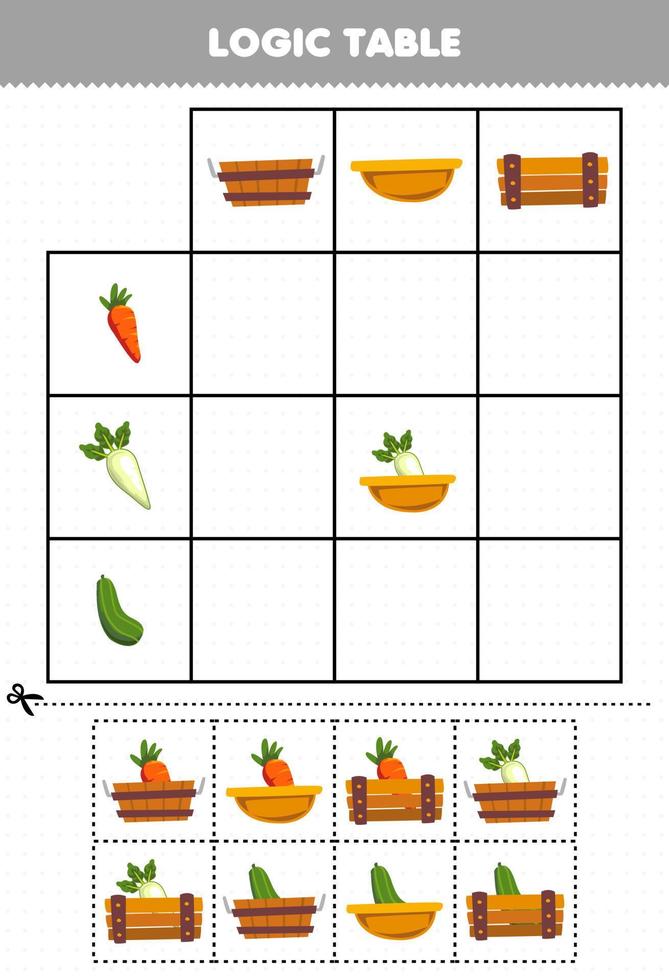 juego educativo para niños tabla lógica dibujos animados vegetales zanahoria rábano pepino combinar con la cesta correcta hoja de trabajo imprimible vector