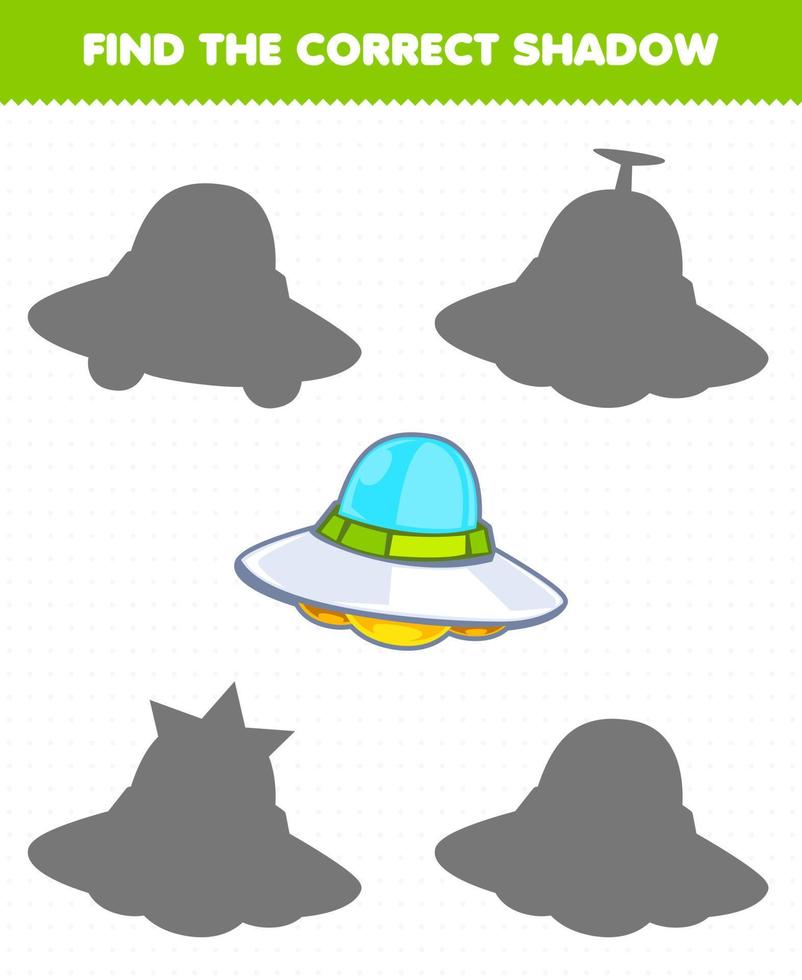 Education game for children find the correct shadow set of cute cartoon solar system ufo vector