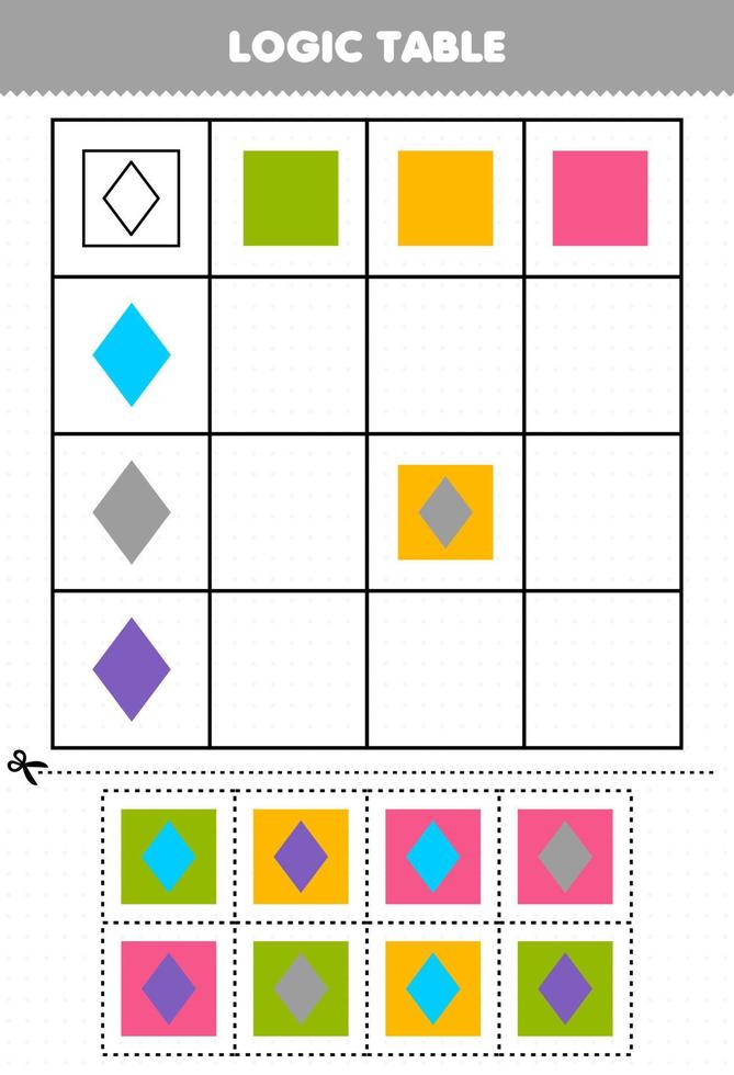 juego educativo para niños tabla lógica forma geométrica cuadrado y rombo hoja de trabajo imprimible vector