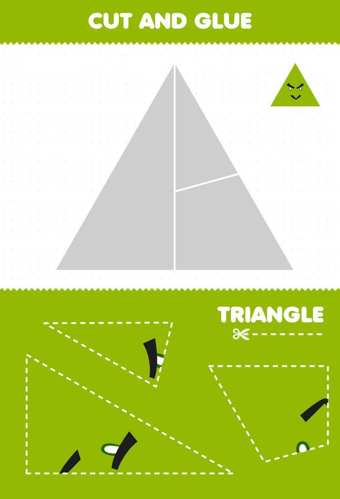 Education game for children cut and glue puzzle cut parts of cute cartoon geometric shape triangle and glue them printable worksheet vector