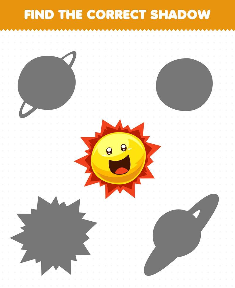 juego educativo para niños encuentra el juego de sombras correcto del lindo sol del sistema solar de dibujos animados vector