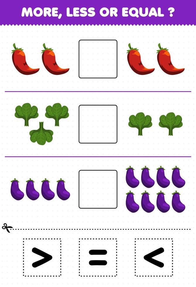 juego educativo para niños más menos o igual contar la cantidad de verduras de dibujos animados chile espinaca berenjena luego cortar y pegar cortar el signo correcto vector