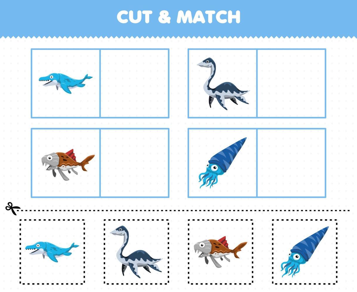 juego educativo para niños corta y combina la misma imagen de un lindo dinosaurio de agua prehistórico de dibujos animados vector