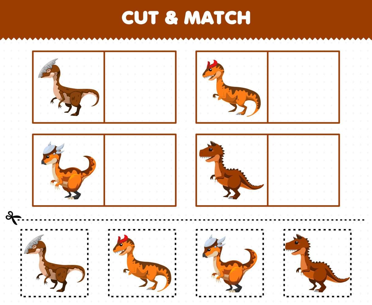 Education game for children cut and match the same picture of cute cartoon prehistoric brown dinosaur vector