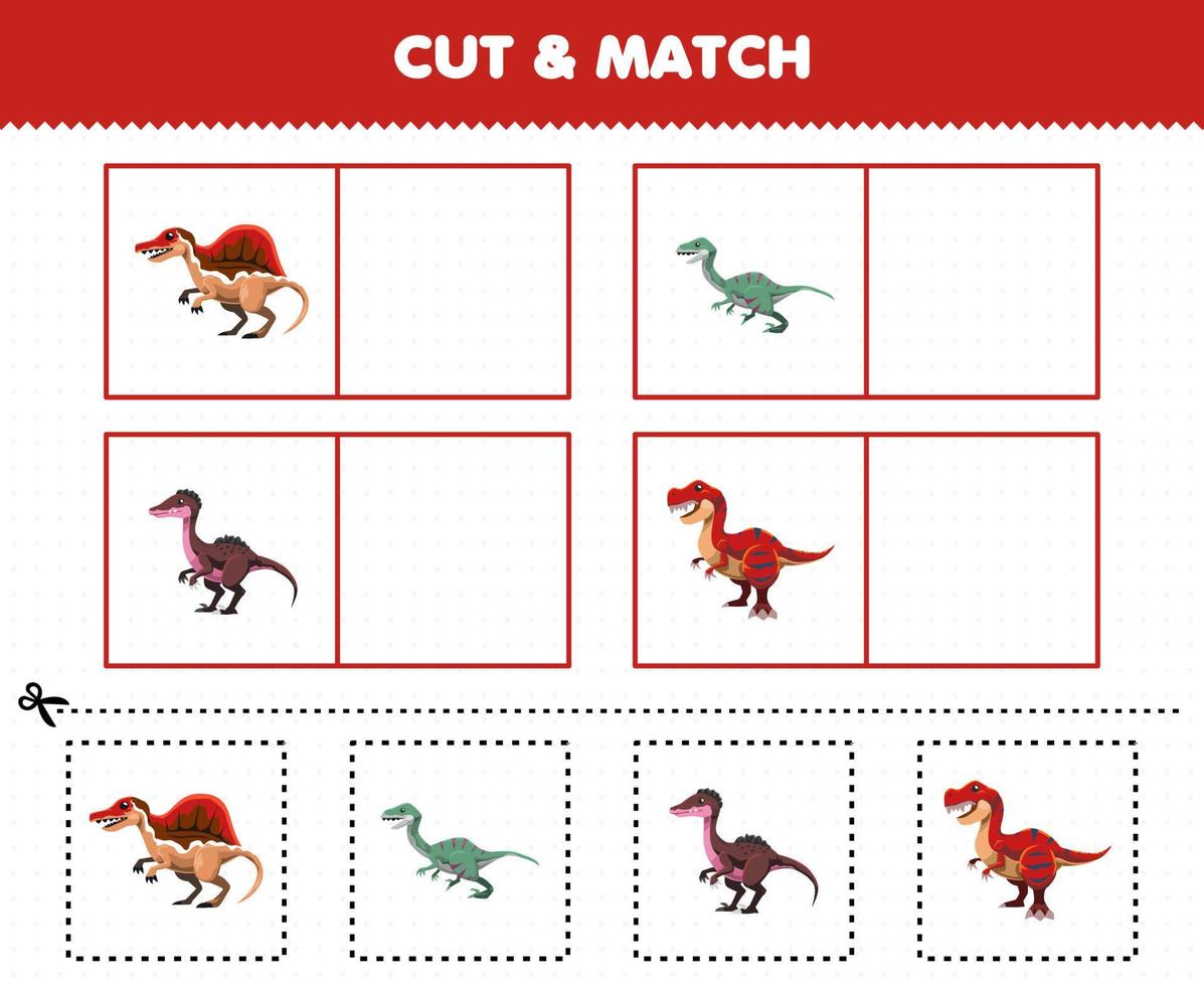 Education game for children cut and match the same picture of cute cartoon prehistoric carnivore dinosaur vector