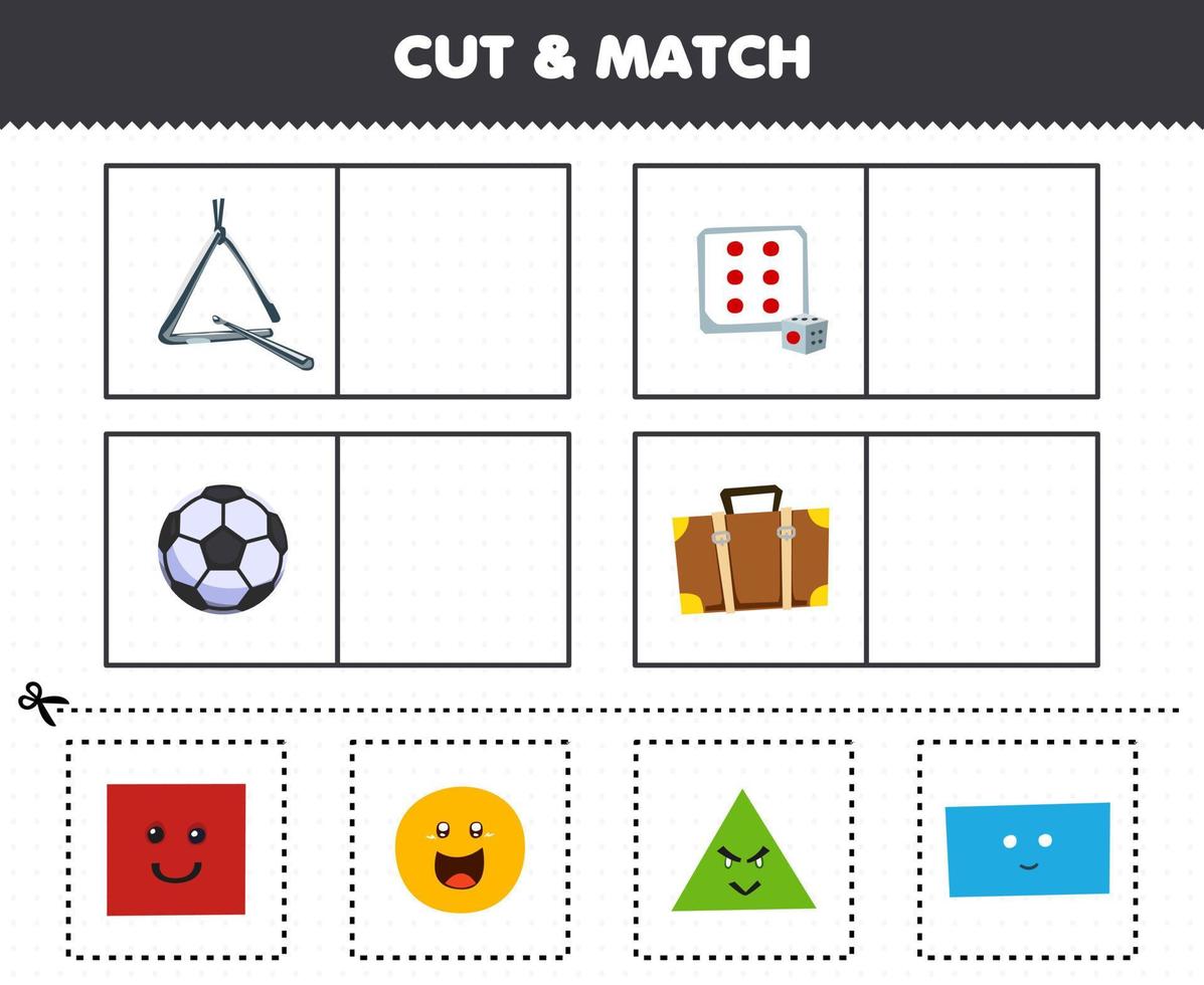 Education game for children cut and match the same picture of cute cartoon shape triangle square dice circle soccer ball rectangle suitcase vector