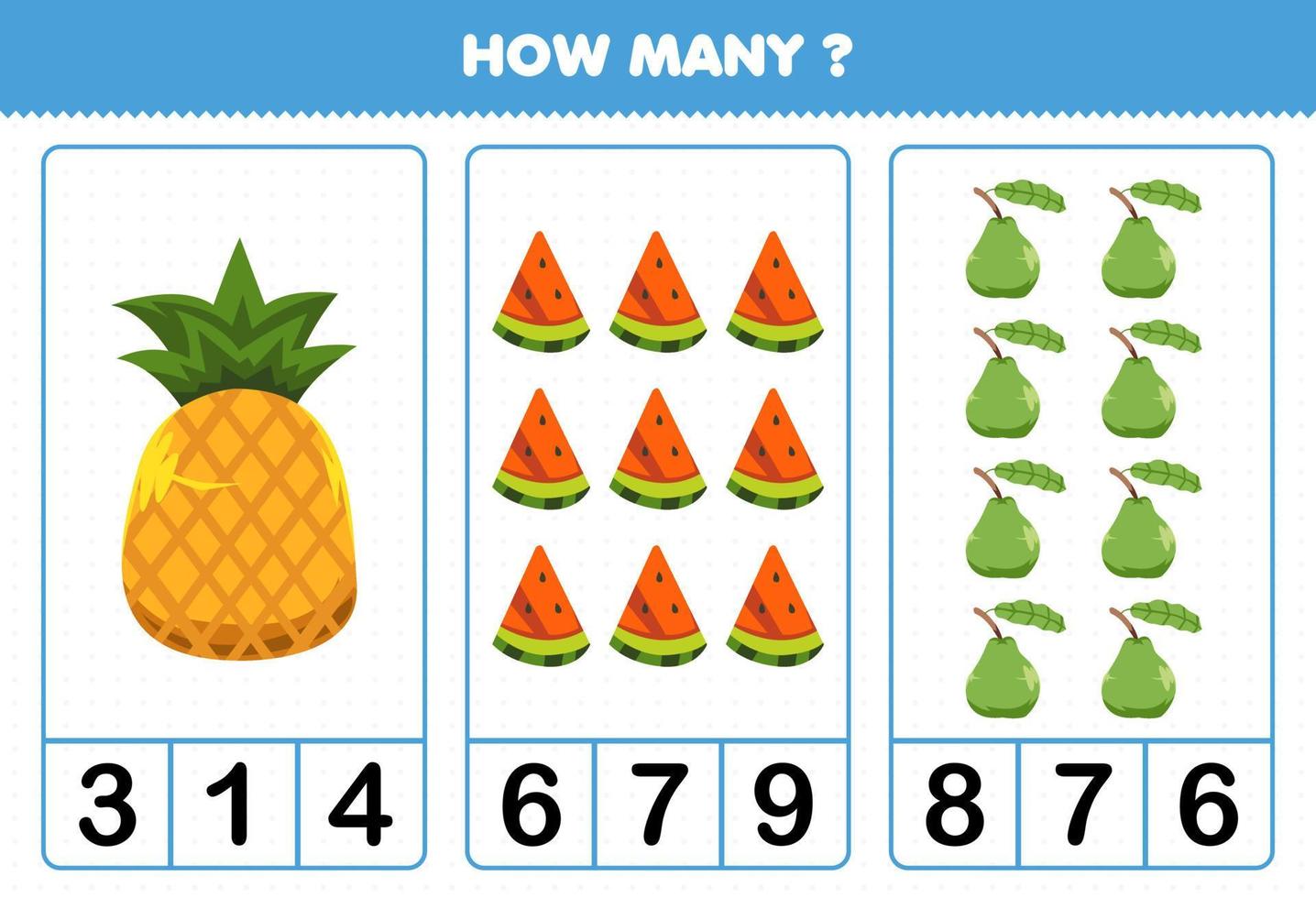 Education game for children counting how many cartoon fruits pineapple watermelon guava vector