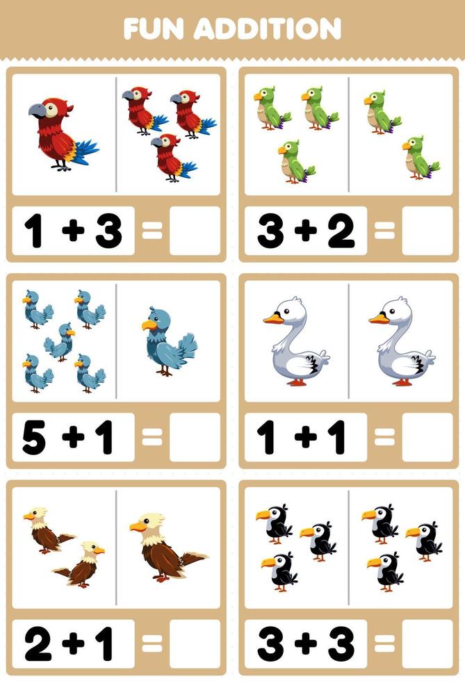 Education game for children fun addition by counting and sum cute cartoon bird animal parrot parakeet dove swan eagle toucan pictures worksheet vector