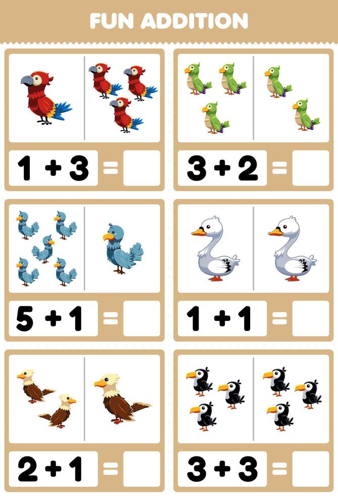 juego educativo para niños suma divertida contando y sumando dibujos animados lindo pájaro animal loro periquito paloma cisne águila tucán imágenes hoja de trabajo vector