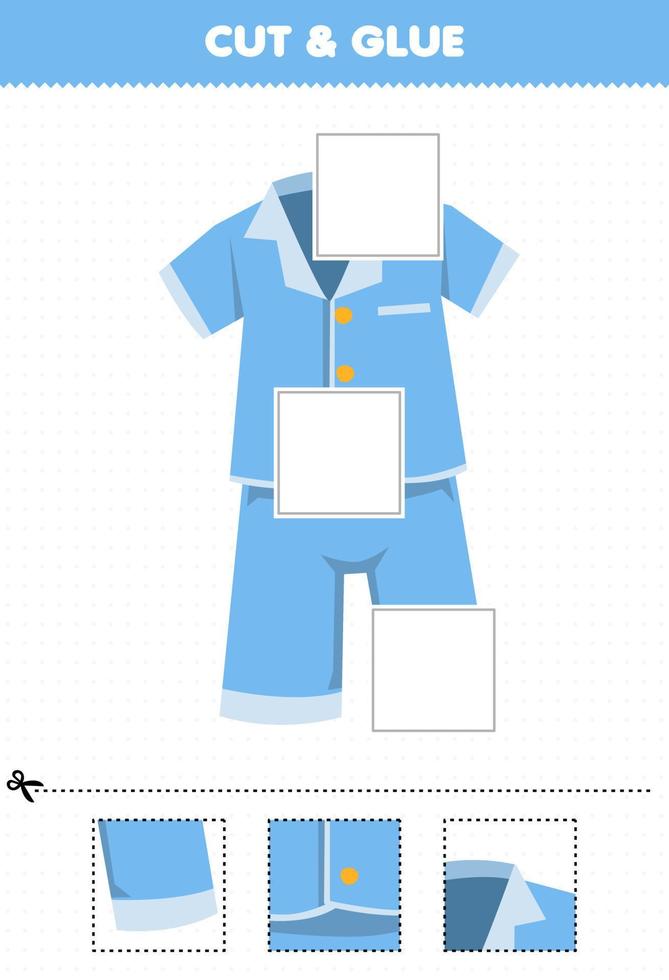 Education game for children cut and glue cut parts of cartoon wearable clothes pajama and glue them printable worksheet vector