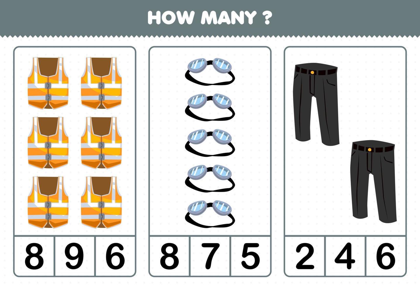 juego educativo para niños contando cuántas prendas de vestir de dibujos animados chaleco de emergencia gafas pantalón 9971663 Vector en Vecteezy juego educativo para niños contando cuántas prendas de vestir de dibujos animados chaleco de emergencia gafas pantalón 9971663 Vector en Vecteezy