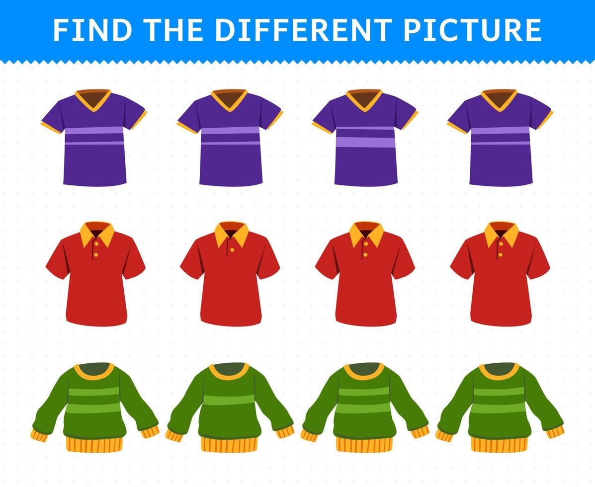 juego educativo para niños encuentra la imagen diferente en cada fila ropa ponible de dibujos animados jersey polo suéter vector