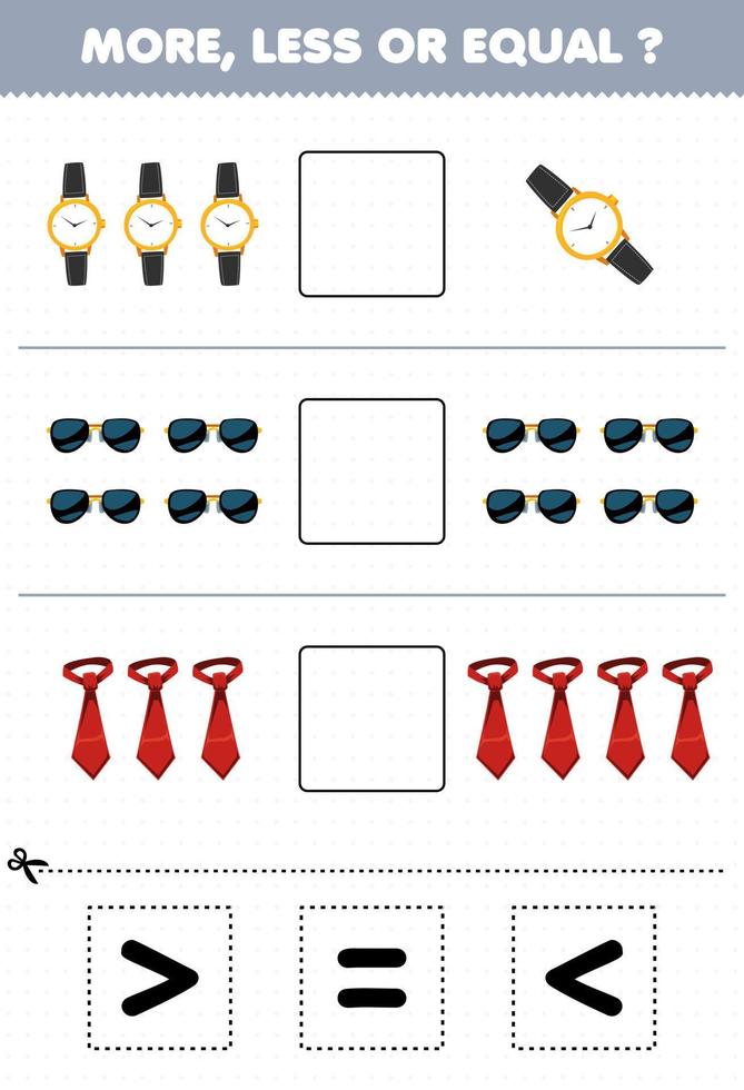 juego educativo para niños más menos o igual contar la cantidad de dibujos animados accesorios portátiles ver gafas de sol atar luego cortar y pegar cortar el signo correcto vector