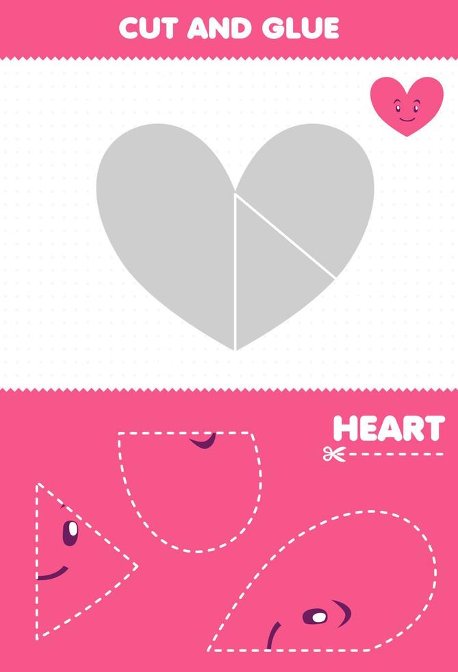 Education game for children cut and glue puzzle cut parts of cute cartoon geometric shape heart and glue them printable worksheet vector