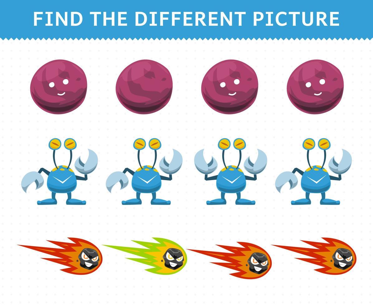 juego educativo para niños encuentra la imagen diferente en cada fila dibujos animados lindo sistema solar planeta cometa alienígena vector