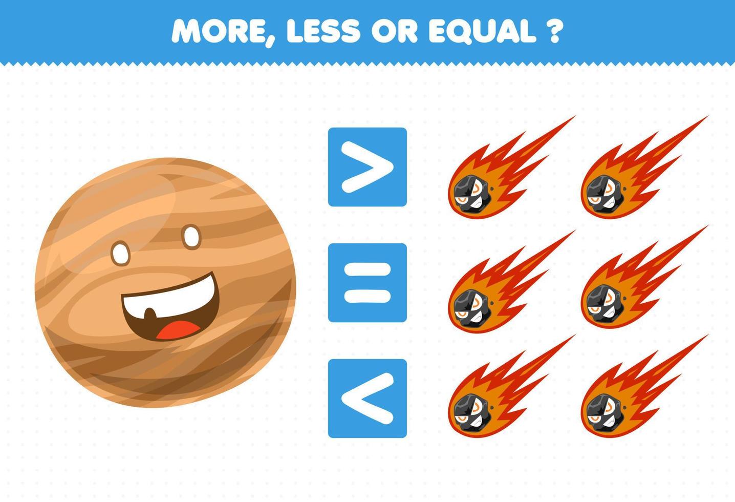 Education game for children more less or equal count the amount of cute cartoon solar system planet and comet vector