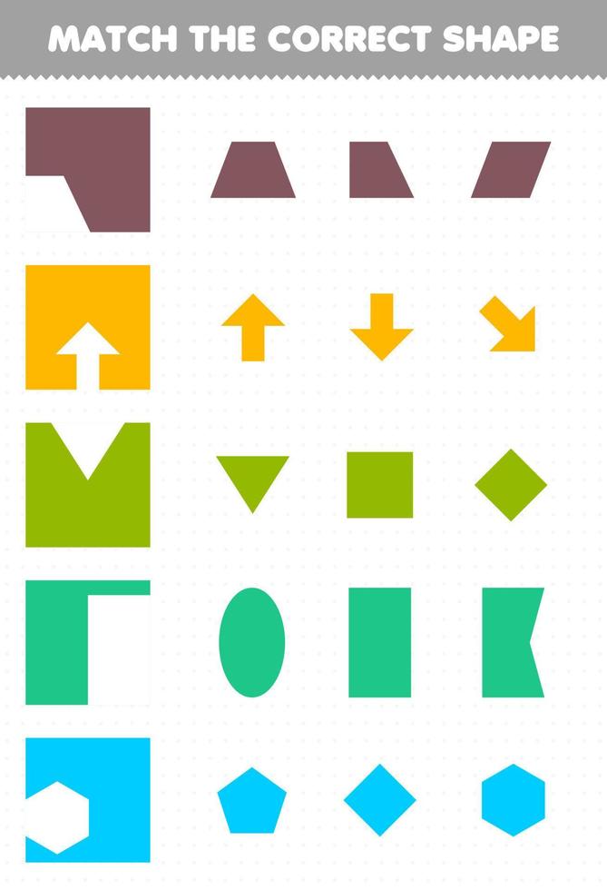 Education game for children match the correct shape geometric printable worksheet vector