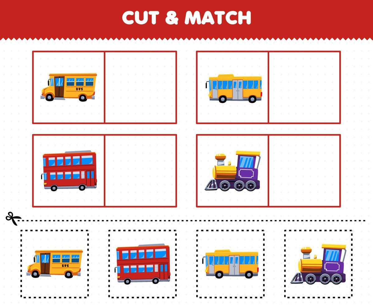 Education game for children cut and match the same picture of cute cartoon land transportation bus double decker train locomotive printable worksheet vector