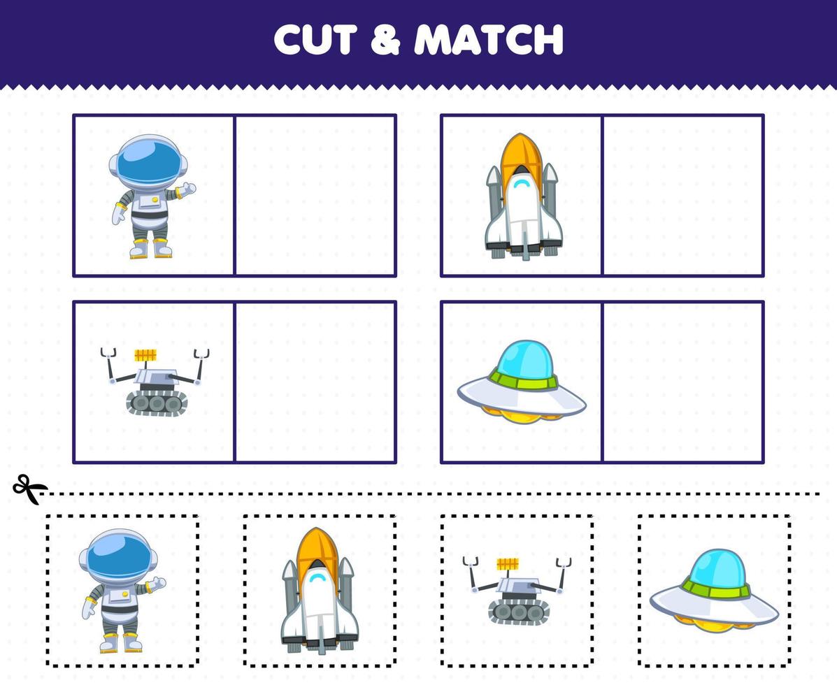 Education game for children cut and match the same picture of cute cartoon solar system astronaut spaceship robot ufo vector