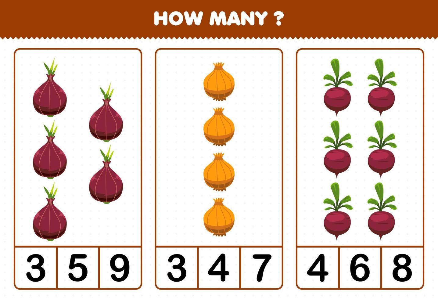 Education game for children counting how many cartoon vegetables shallot onion beet vector