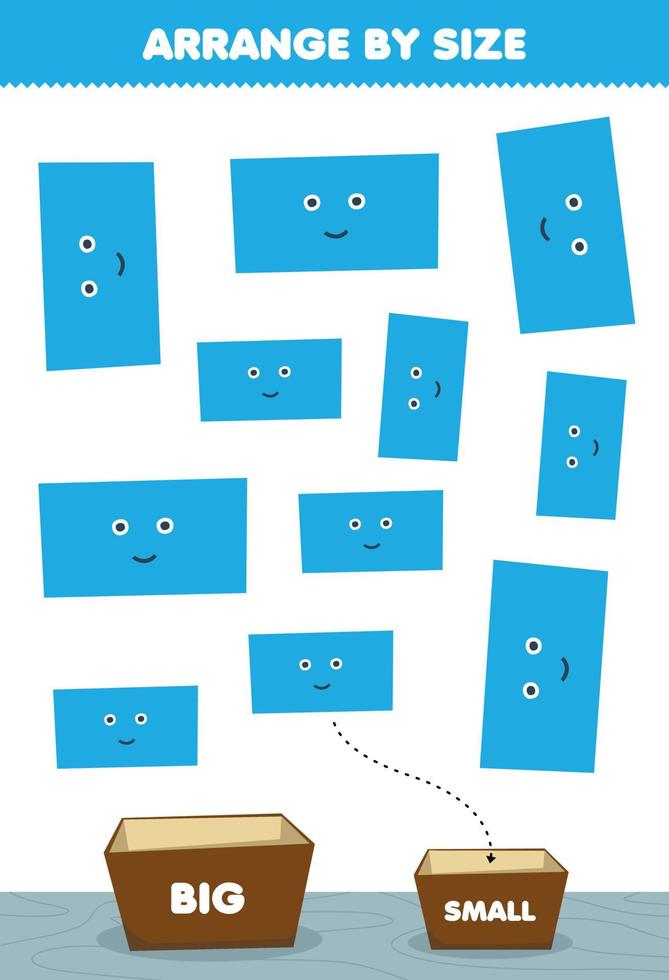 Education game for children arrange by size big or small put it in the box cute cartoon geometric shapes rectangle pictures vector