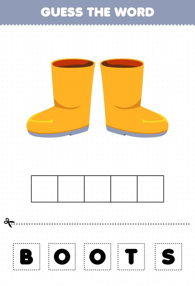Education game for children guess the word letters practicing cartoon clothes boots vector